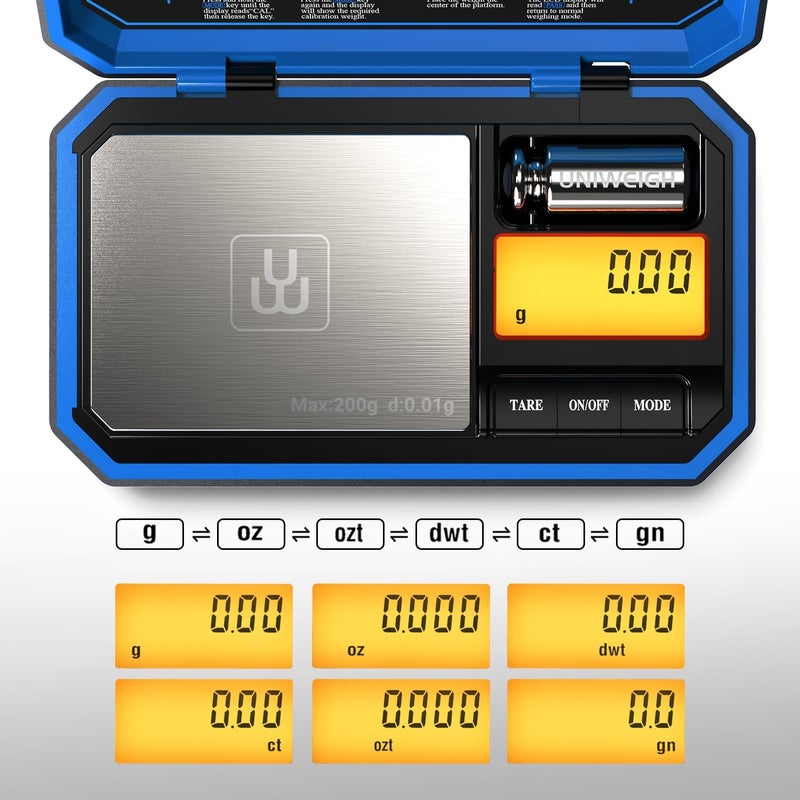 UNIWEIGH Digital Pocket Scale 200g/0.01g, Digital Gram Scale, Mini Jewelry Scales Digital Weight Grams with 50g Cal Weights for Food,Jewelry,Coins,Small Items,Coffee (Battery Included)-Blue - Image 2